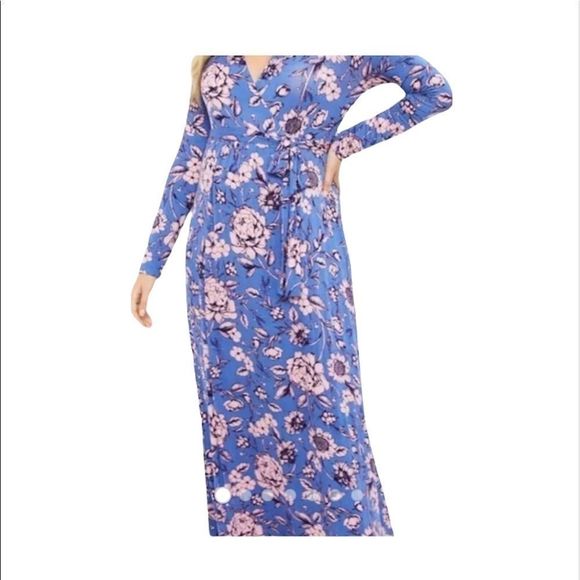 MOTHERHOOD MATERNITY M light blue pink floral wrap v neck maxi dress jersey knit - Picture 1 of 8